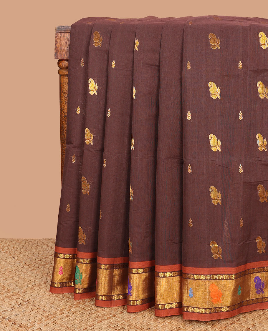 Brown zari buttas Venkatagiri cotton saree with contrast thread work border, and pallu of zari stripes