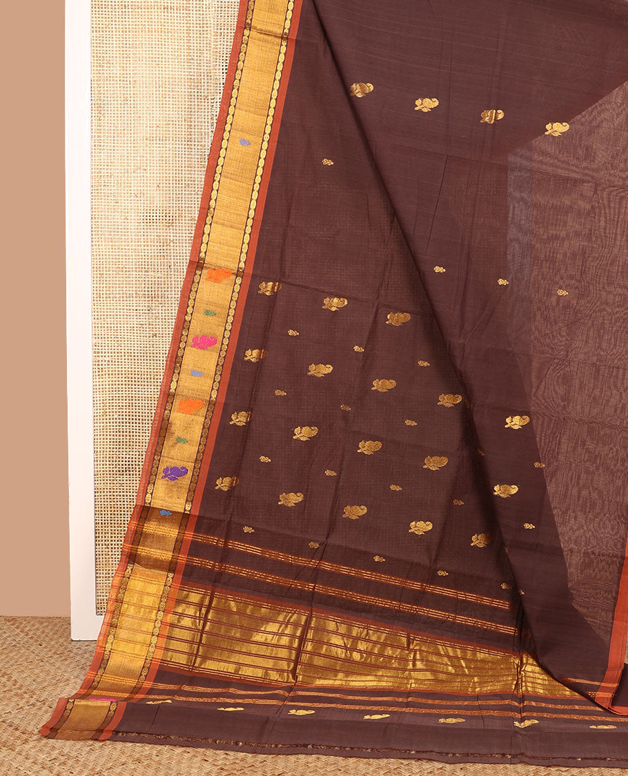 Brown zari buttas Venkatagiri cotton saree with contrast thread work border, and pallu of zari stripes