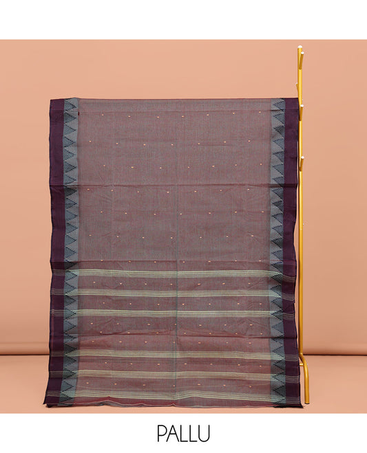Grey Dual-Tone Bengal Cotton Saree, Adorned with Buttas All Over Its Body, Complemented by a Contrast Temple Border, Pallu of Stripes and Buttas, and Paired with a Matching Blouse
