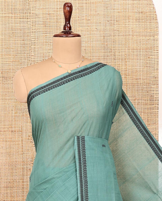 Blue Andhra Cotton Saree, Subtly Woven with Thread Buttas All Over Its Body, Subtly Sparked with a Paisley-Patterned Border, Pallu of Stripes and Buttas, and Paired with a Matching Blouse