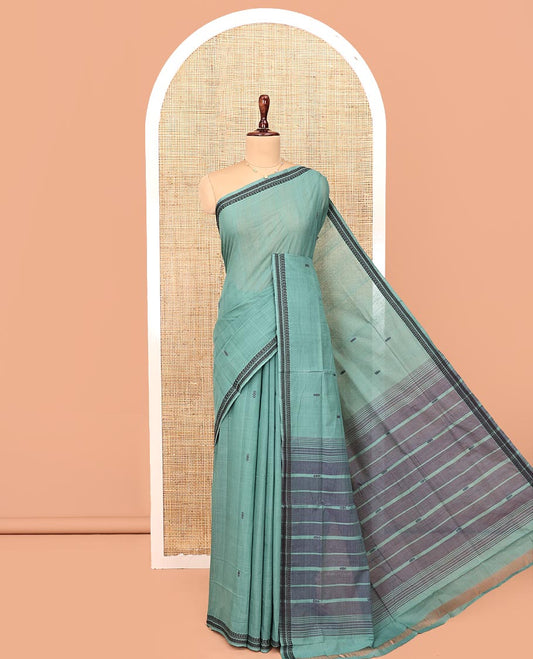 Blue Andhra Cotton Saree, Subtly Woven with Thread Buttas All Over Its Body, Subtly Sparked with a Paisley-Patterned Border, Pallu of Stripes and Buttas, and Paired with a Matching Blouse