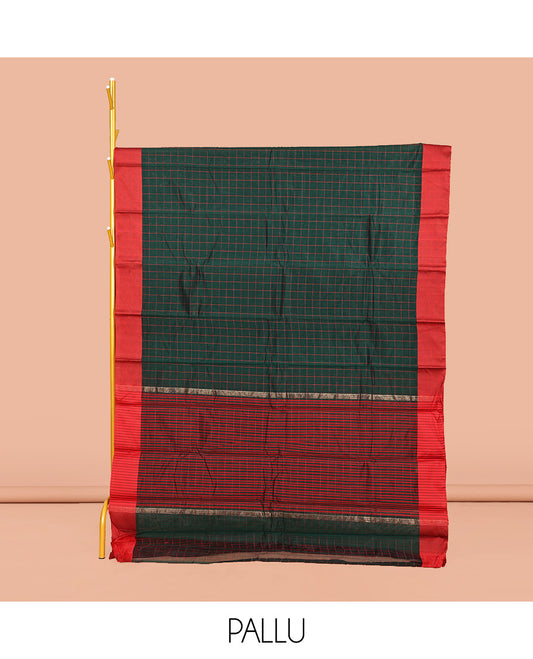 Dark Green Semi-Silk Cotton Saree, Subtly Sparkled with Checks All Over Its Body, Complemented by a Contrast Border, Striped Pallu, and Paired with a Matching Blouse