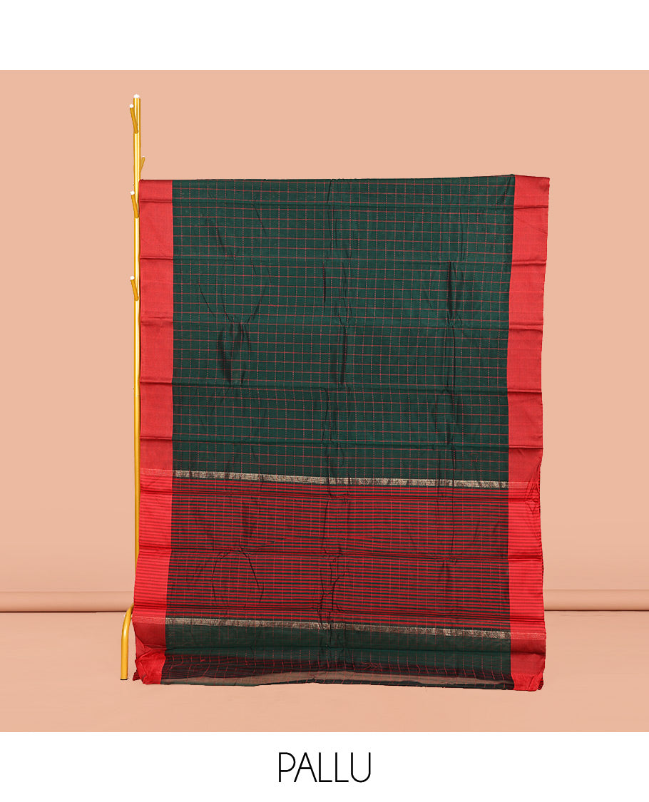Dark Green Semi-Silk Cotton Saree, Subtly Sparkled with Checks All Over Its Body, Complemented by a Contrast Border, Striped Pallu, and Paired with a Matching Blouse