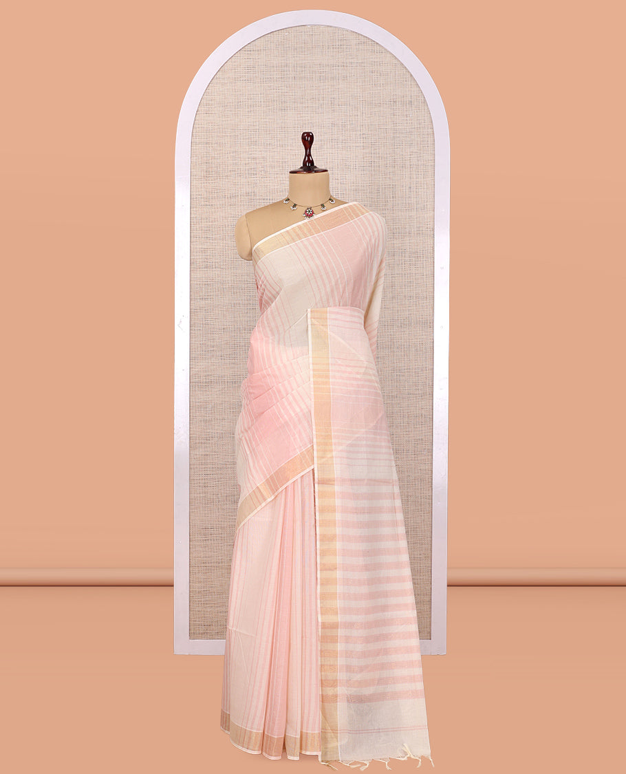 Cream-Pale Pink Jute Cotton Saree