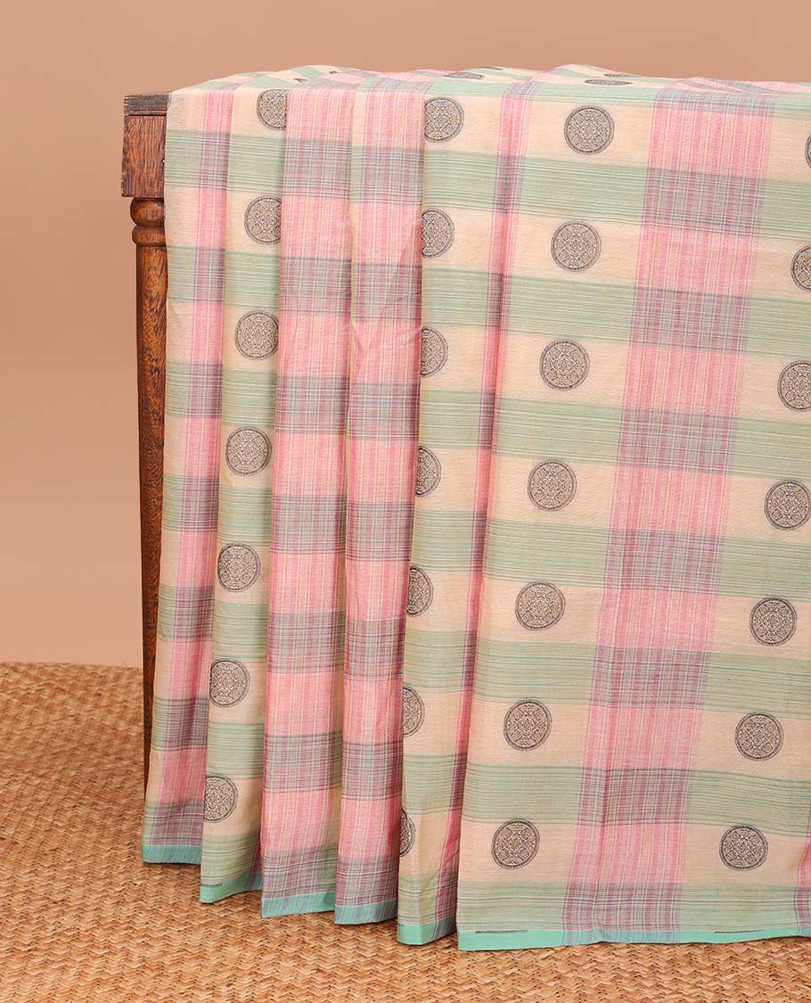 Borderless multi-color checked and chakram buttas Coimbatore cotton saree, pallu steeped with circular motifs