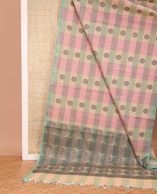 Borderless multi-color checked and chakram buttas Coimbatore cotton saree, pallu steeped with circular motifs