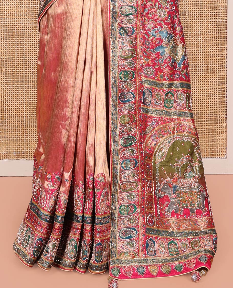 Rose Gold Dola Silk Saree, Sparsely Adorned with Chevron Design, Complemented by Contrast Mughal-Style Patterns Print and Embroidered Border, Intricately Designed Pallu, and Paired with a Matching Blouse