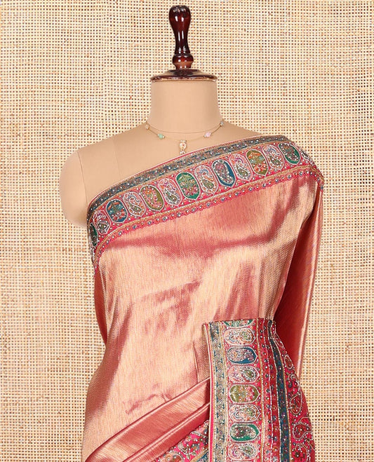 Rose Gold Dola Silk Saree, Sparsely Adorned with Chevron Design, Complemented by Contrast Mughal-Style Patterns Print and Embroidered Border, Intricately Designed Pallu, and Paired with a Matching Blouse