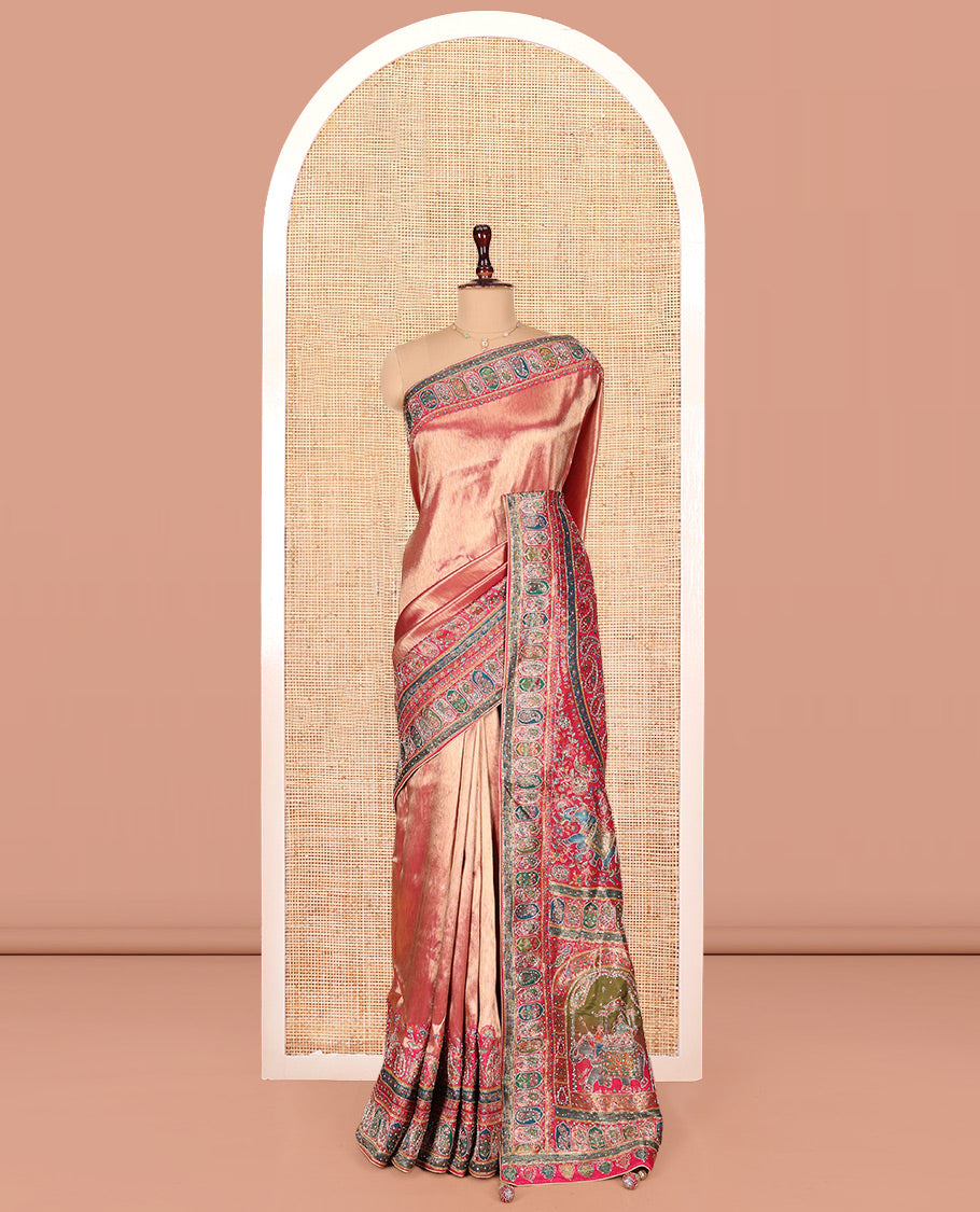 Rose Gold Dola Silk Saree, Sparsely Adorned with Chevron Design, Complemented by Contrast Mughal-Style Patterns Print and Embroidered Border, Intricately Designed Pallu, and Paired with a Matching Blouse