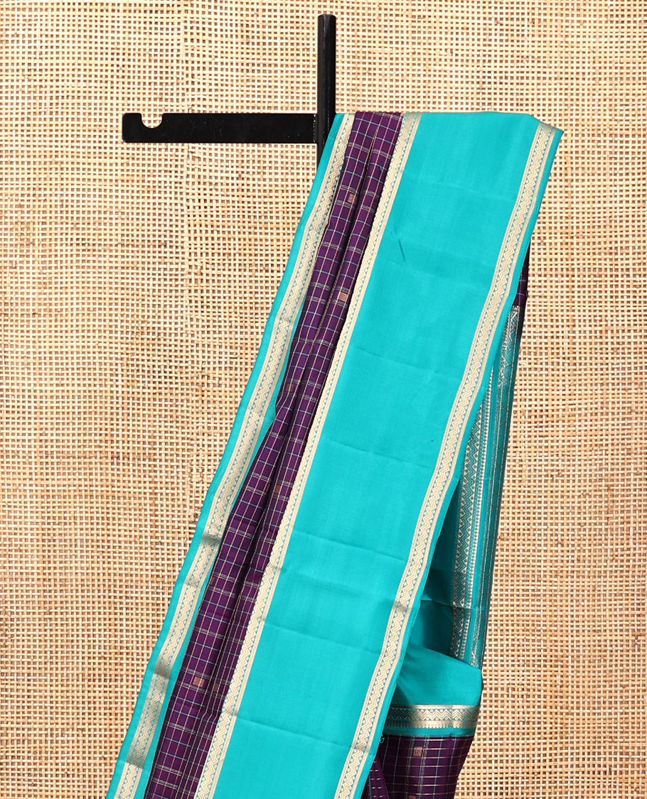 Magenta-Sapphire Blue Vasundhara Silk Saree Features Zari Butta and Checks, Contrast Rettai Pettu Border, Jaal Pallu, and a Contrast Blouse