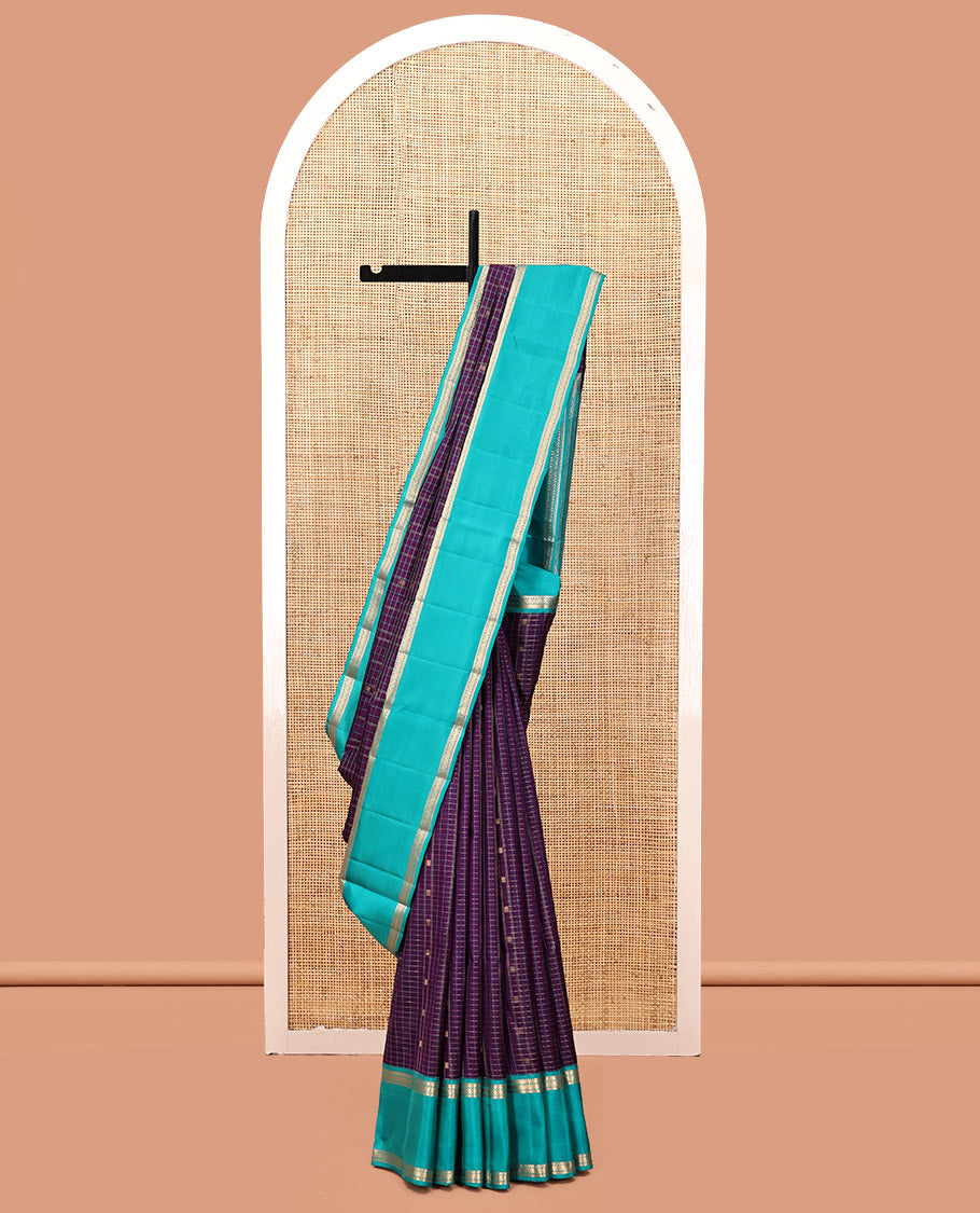 Magenta-Sapphire Blue Vasundhara Silk Saree Features Zari Butta and Checks, Contrast Rettai Pettu Border, Jaal Pallu, and a Contrast Blouse