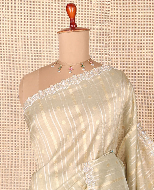 Green zari motifs designer saree, embroidery & zari scallop border, floral embroidered scallop-neck short-sleeve readymade blouse