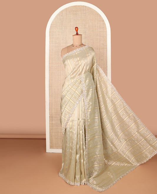Green zari motifs designer saree, embroidery & zari scallop border, floral embroidered scallop-neck short-sleeve readymade blouse