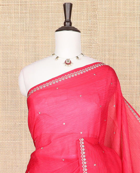 Pink floral-shaped Swarovski stone embroidery designer crushed saree, Swarovski stone embroidery border