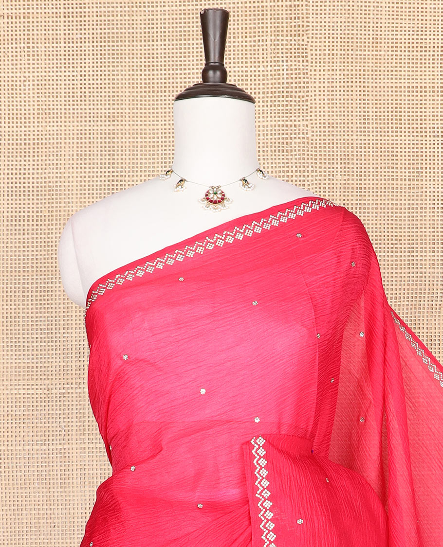 Pink floral-shaped Swarovski stone embroidery designer crushed saree, Swarovski stone embroidery border