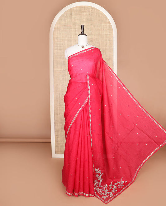 Pink floral-shaped Swarovski stone embroidery designer crushed saree, Swarovski stone embroidery border
