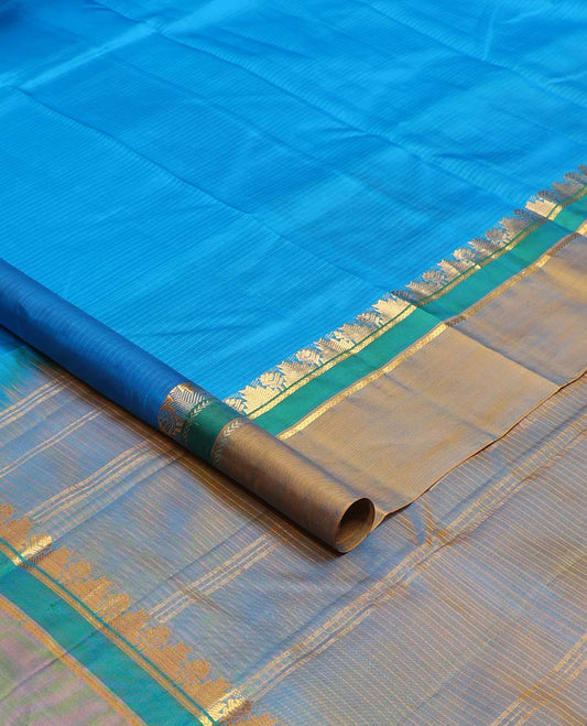 Blue striped Kanchipuram silk saree, contrast border of thazampoo rekku, and kathir designs, and striped pallu