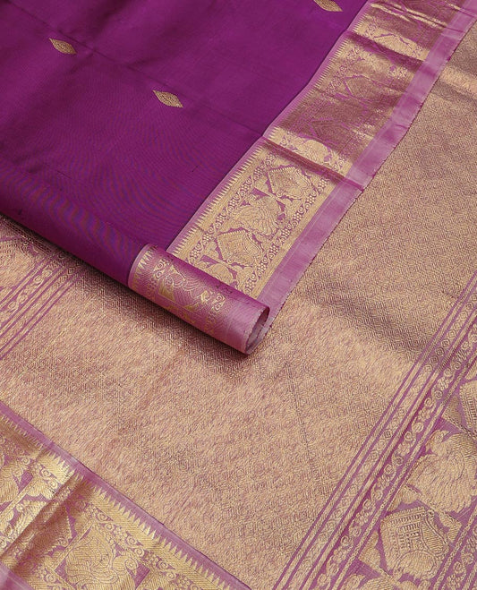 Purple zari buttas Kanchipuram silk saree, contrast border of rekku,banaras,mayil, and manga and jaal pallu