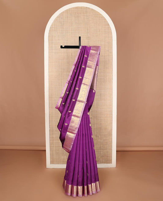 Purple zari buttas Kanchipuram silk saree, contrast border of rekku,banaras,mayil, and manga and jaal pallu