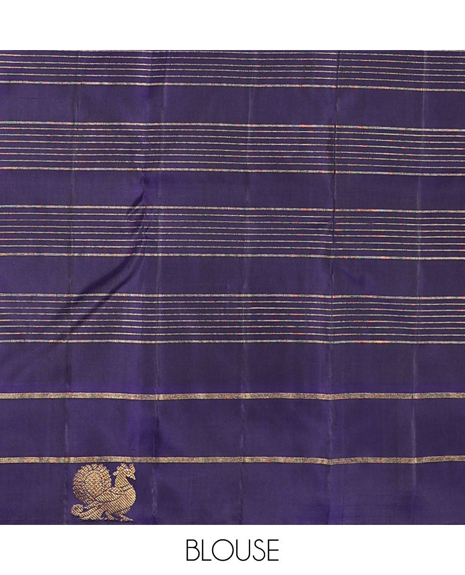 Blue zari checked Kanchipuram silk saree, contrast border of yaanai, and mayil designs, and zari design pallu