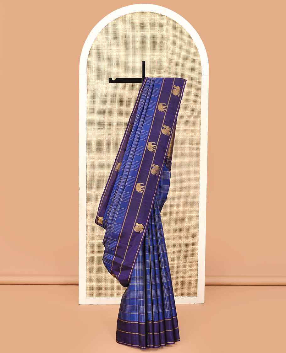 Blue zari checked Kanchipuram silk saree, contrast border of yaanai, and mayil designs, and zari design pallu