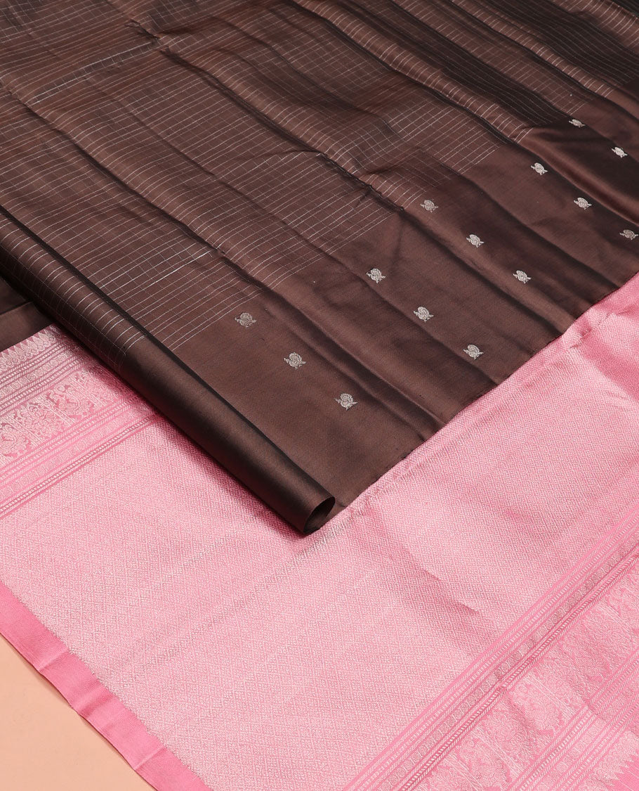 Brown checked and mayil buttas Kanchipuram silk saree, contrast pallu of mayil, and jaal designs