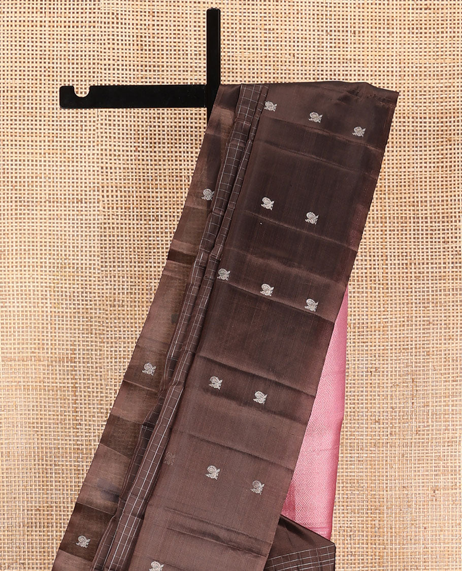 Brown checked and mayil buttas Kanchipuram silk saree, contrast pallu of mayil, and jaal designs