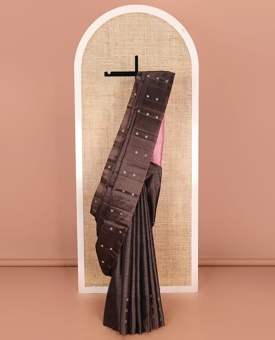 Brown checked and mayil buttas Kanchipuram silk saree, contrast pallu of mayil, and jaal designs