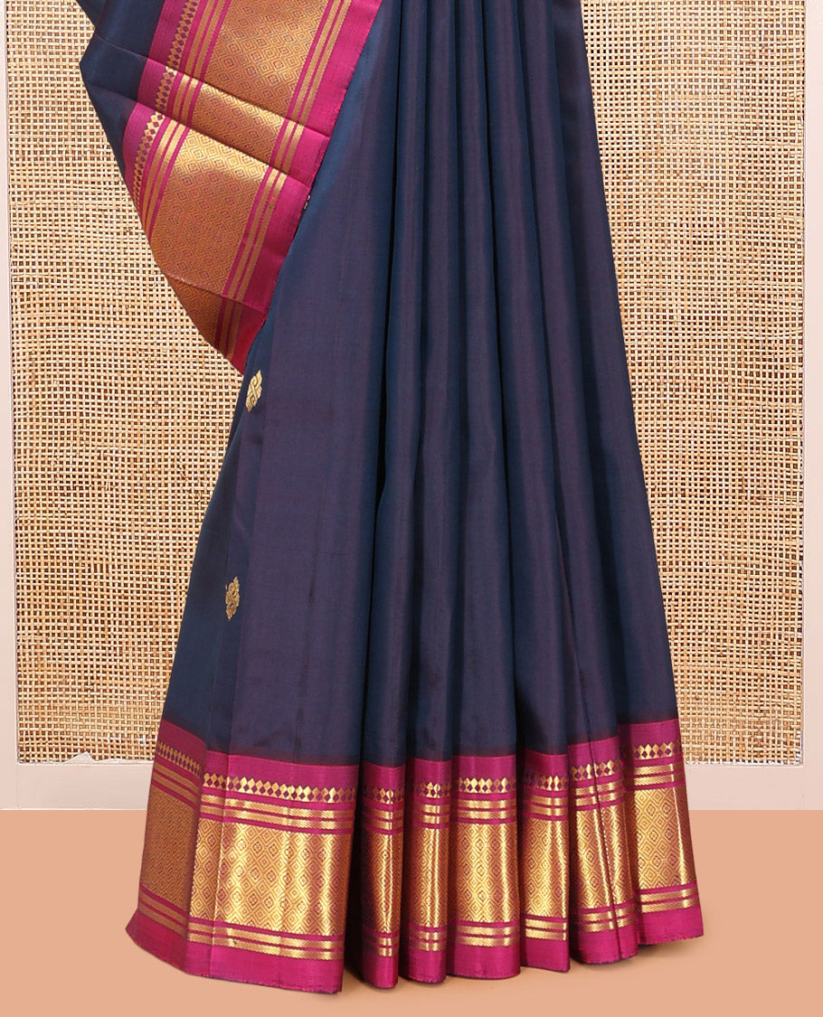 Blue Kanchipuram Silk Saree, Highlighted with Zari Buttas, Complemented by a Contrast Border of Panner Sombu, Banaras, and Jaal Design, Zari Design Pallu, and No Blouse