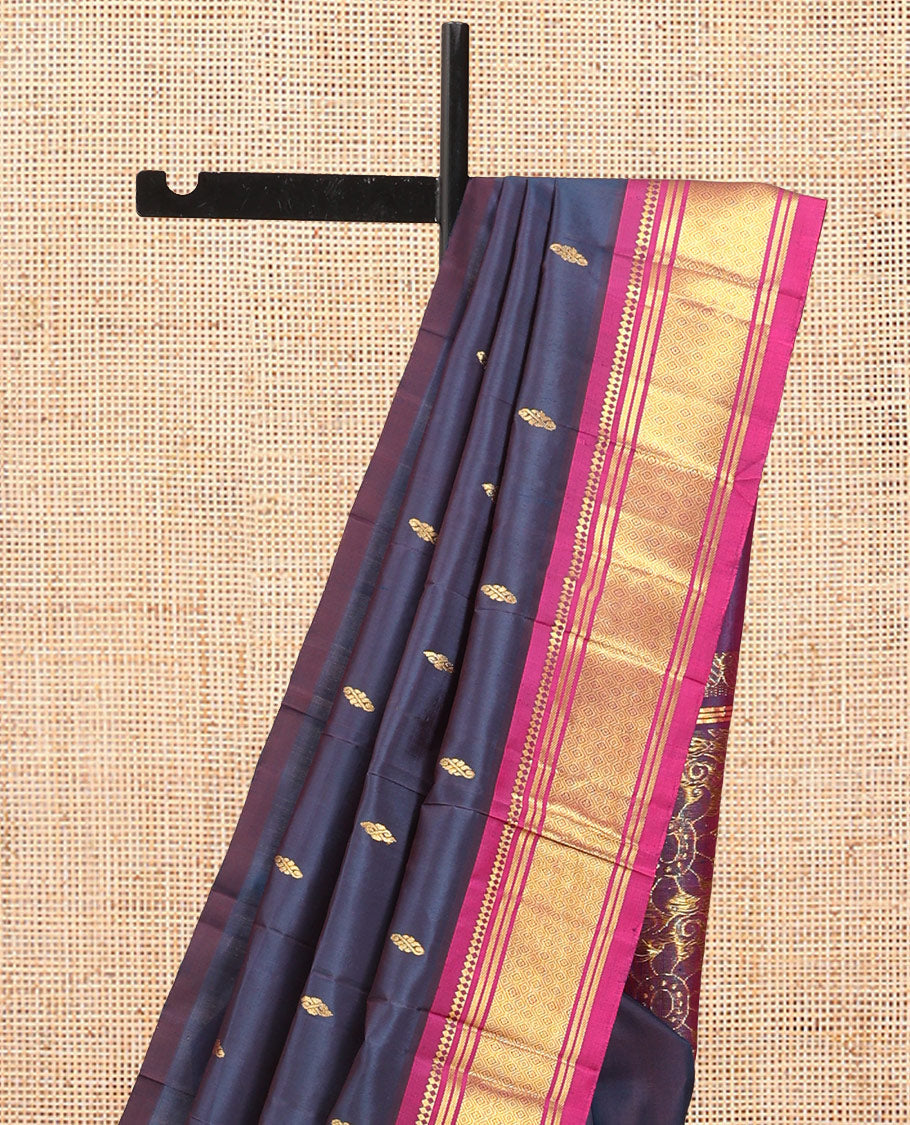 Blue Kanchipuram Silk Saree, Highlighted with Zari Buttas, Complemented by a Contrast Border of Panner Sombu, Banaras, and Jaal Design, Zari Design Pallu, and No Blouse
