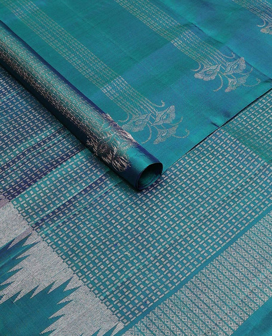 Borderless blue zari buttas soft silk saree, zari pallu of geometric designs