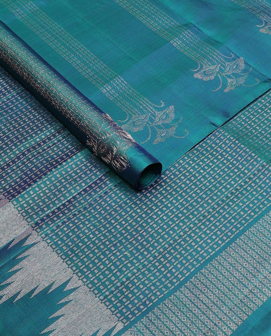 Borderless blue zari buttas soft silk saree, zari pallu of geometric designs