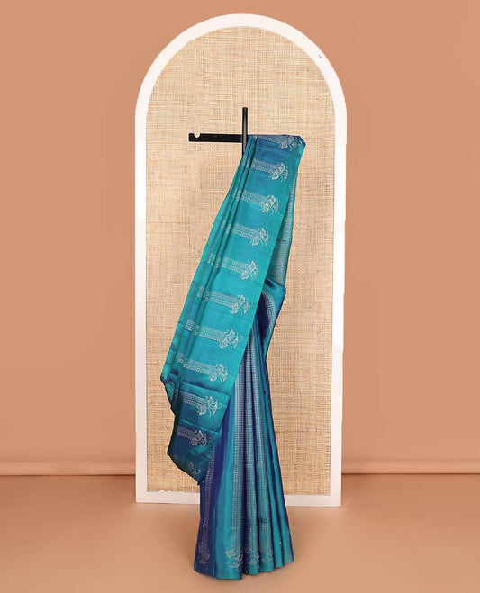 Borderless blue zari buttas soft silk saree, zari pallu of geometric designs