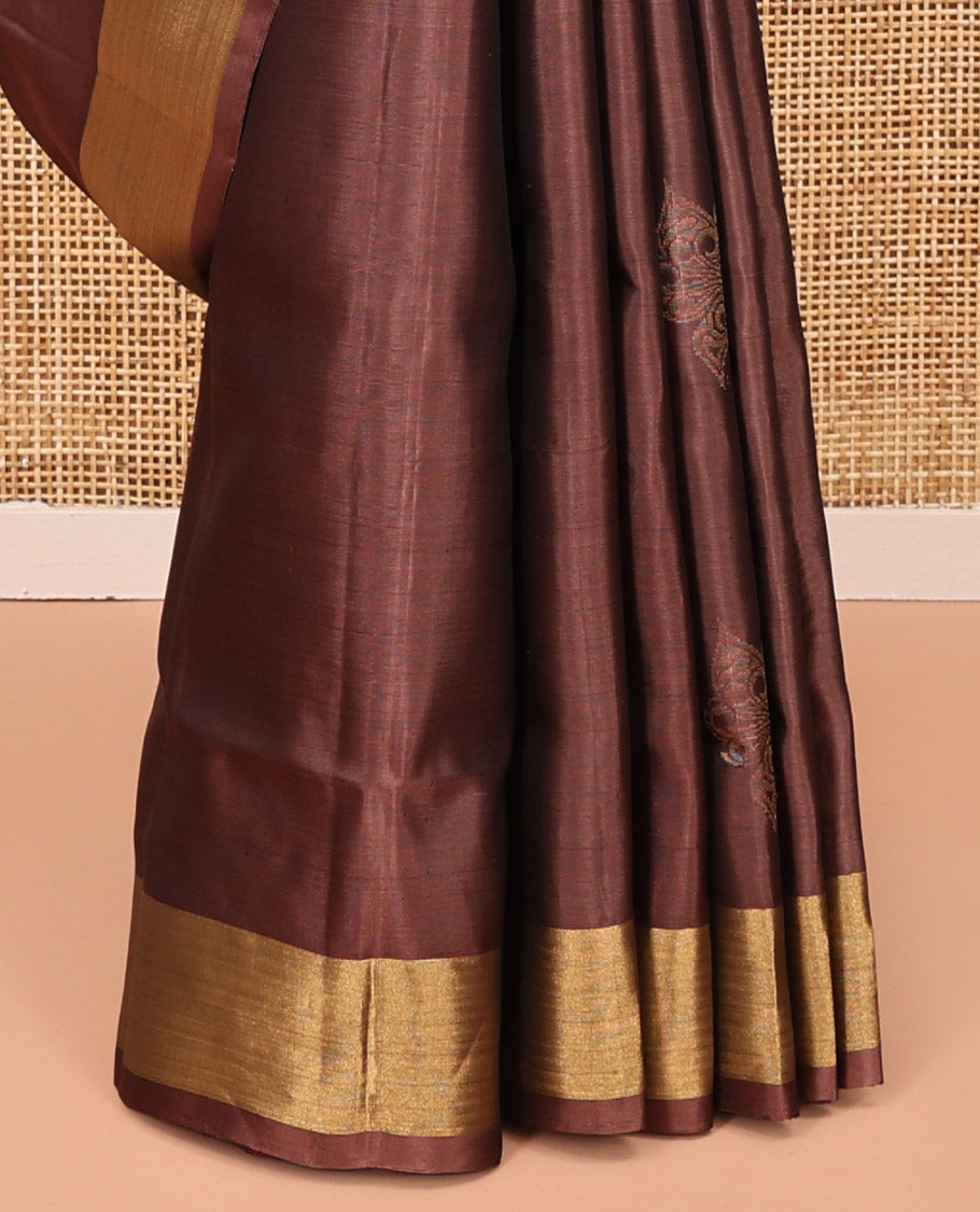 Brown Mayuri Lite Silk Mix Saree, Sparsely Woven with Butterfly Buttas on Its Body, Highlighted by Zari Bavanji Border, Complemented by a Contrast Pallu of Chevron Designs, and Paired with a Contrast Blouse
