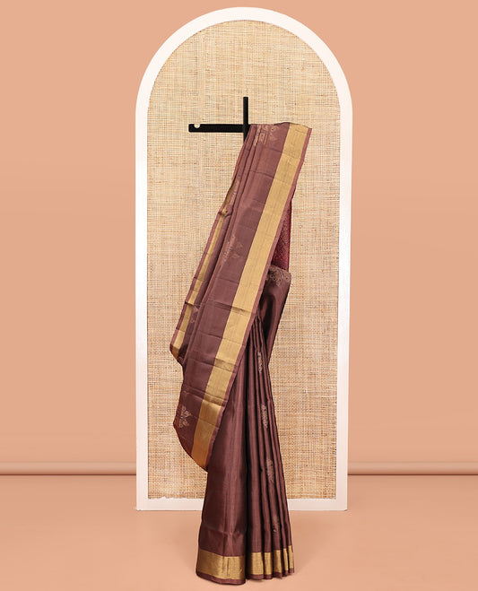 Brown Mayuri Lite Silk Mix Saree, Sparsely Woven with Butterfly Buttas on Its Body, Highlighted by Zari Bavanji Border, Complemented by a Contrast Pallu of Chevron Designs, and Paired with a Contrast Blouse