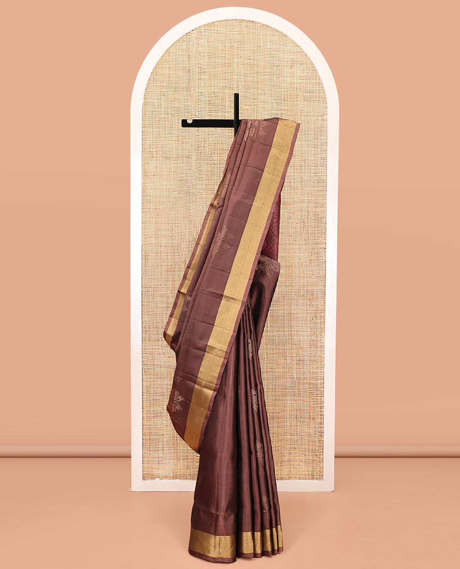 Brown Mayuri Lite Silk Mix Saree, Sparsely Woven with Butterfly Buttas on Its Body, Highlighted by Zari Bavanji Border, Complemented by a Contrast Pallu of Chevron Designs, and Paired with a Contrast Blouse