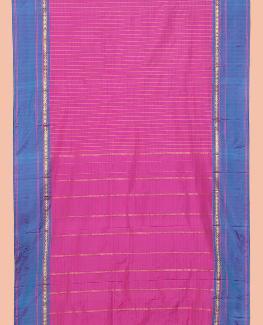 Pink Nine-Yard Saree, Adorned with Checks, a Contrast Rudraksham Border, Pallu of Stripes, and No Blouse