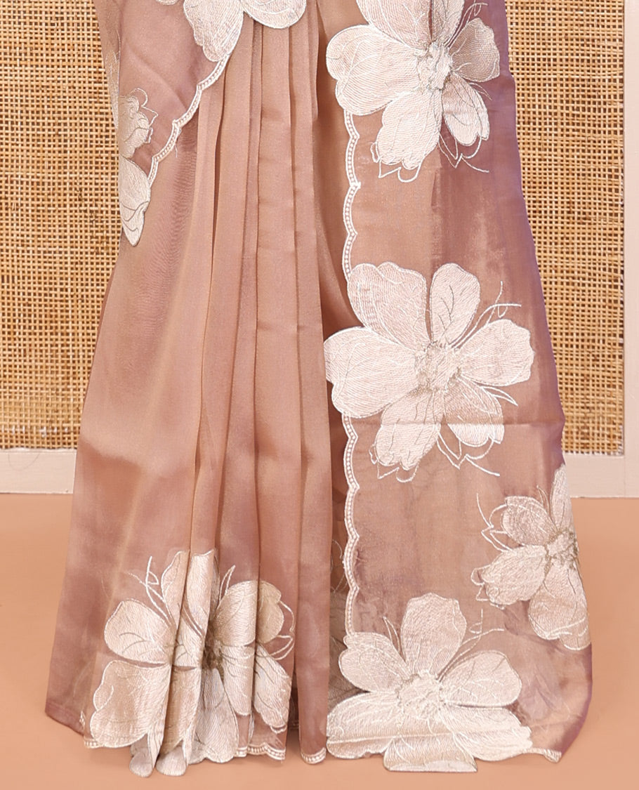 Pale Brown Plain Organza Saree, a Scalloped Floral Thread Embroidery Border, and a Matching Embroidered Blouse