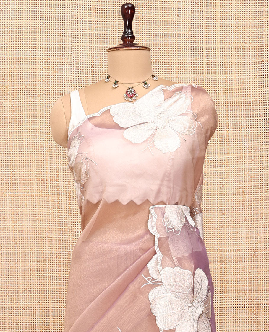 Pale Brown Plain Organza Saree, a Scalloped Floral Thread Embroidery Border, and a Matching Embroidered Blouse