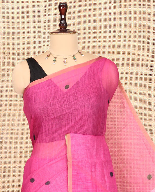 Borderless Rani Pink Linen Cotton Saree, Mesmerised with Polka Dots, a Contrast Checked Pallu, Contrast Blouse
