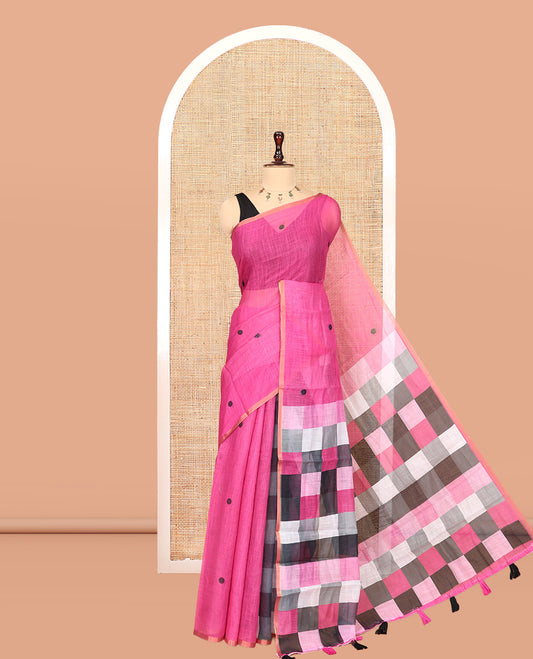 Borderless Rani Pink Linen Cotton Saree, Mesmerised with Polka Dots, a Contrast Checked Pallu, Contrast Blouse