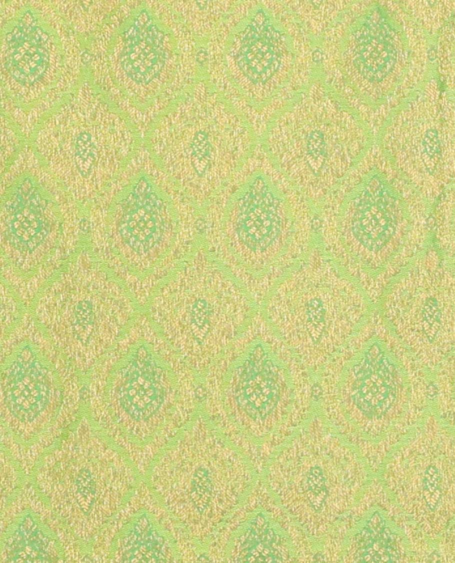 Green pure-silk half saree, jacquard with contrast traditional zari bordered skirt, blouse of thilakam mokku,poun, vanki, and thilakam designs , and zari design dhavani