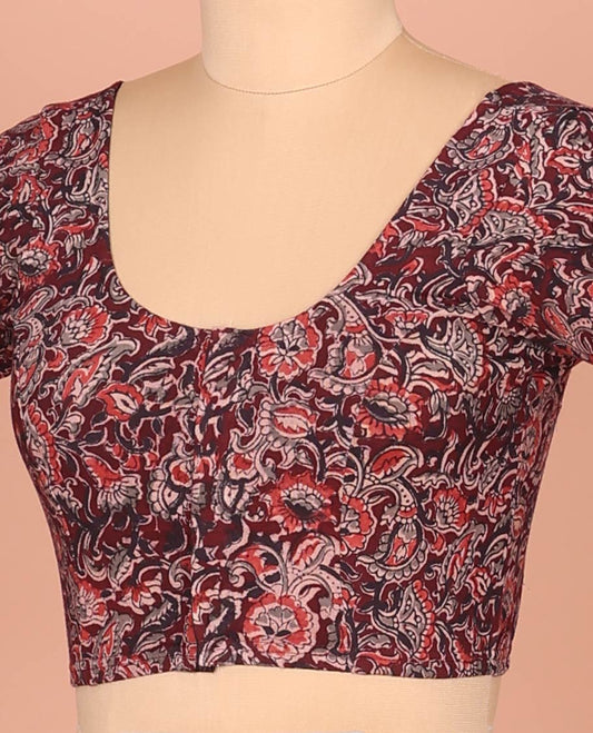 Brown Cotton Readymade Blouse Bedecked with All-Over Floral and Paisley Vine Print, Featuring a Front Round Neck, Back Round Neck, and Elbow Sleeves