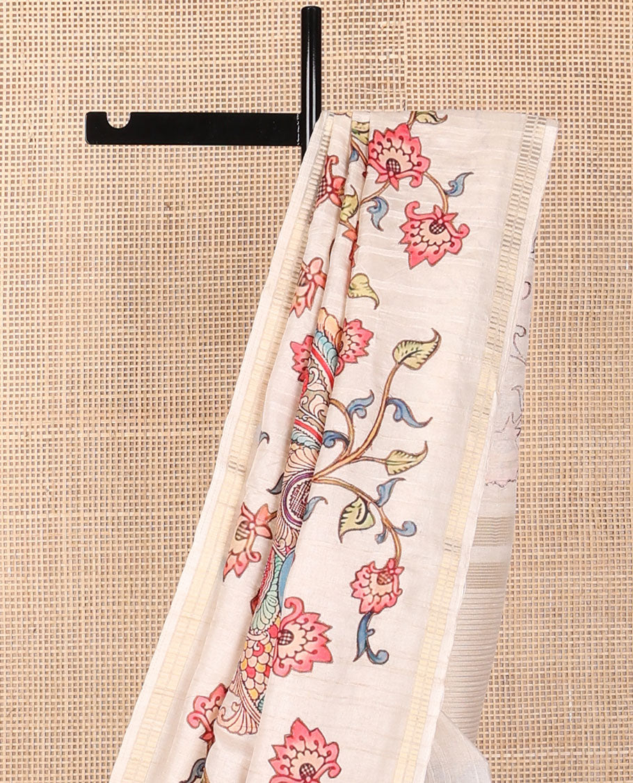 Cream colorful kalamkari-style floral & peacock motifs printed tussar saree, zari border & pallu of zari stripes