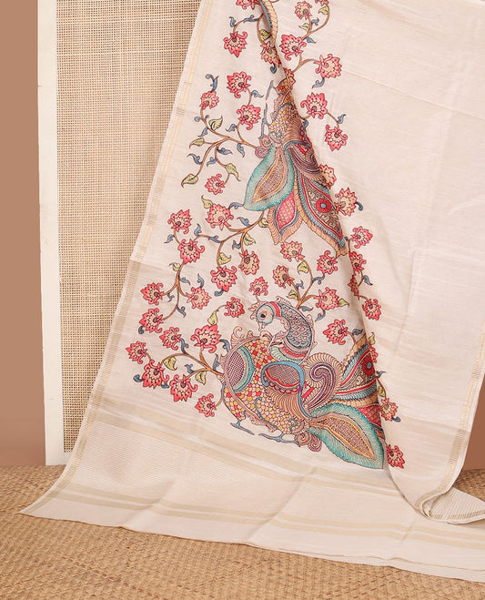 Cream colorful kalamkari-style floral & peacock motifs printed tussar saree, zari border & pallu of zari stripes