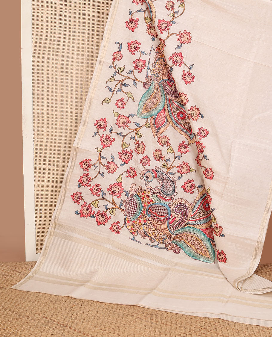 Cream colorful kalamkari-style floral & peacock motifs printed tussar saree, zari border & pallu of zari stripes