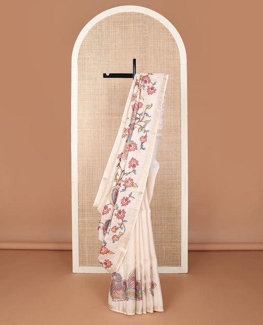 Cream colorful kalamkari-style floral & peacock motifs printed tussar saree, zari border & pallu of zari stripes