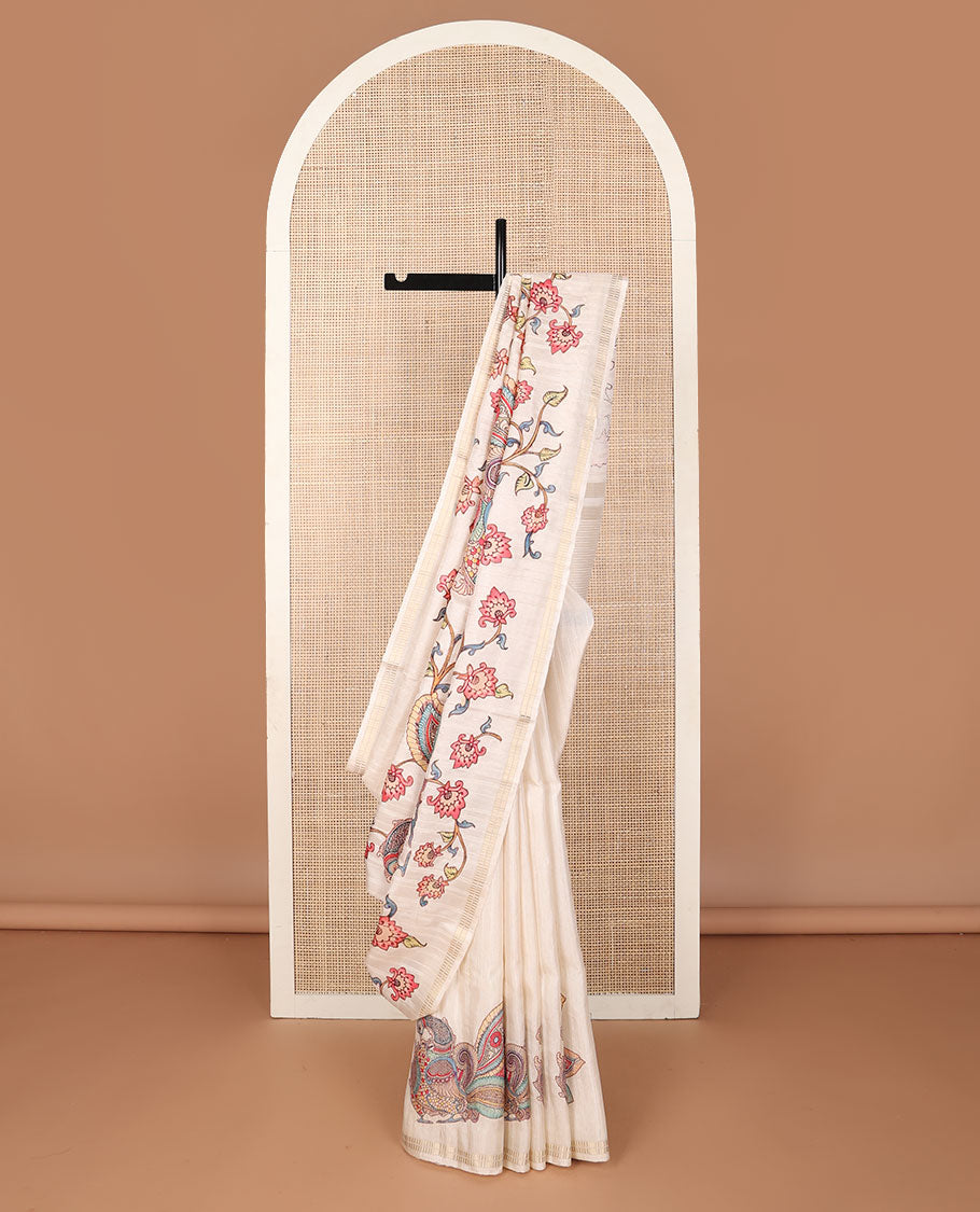Cream colorful kalamkari-style floral & peacock motifs printed tussar saree, zari border & pallu of zari stripes