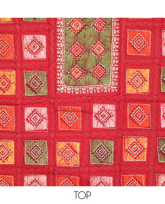 Red chudidhar material set, batik & shibori print with thread work rayon top, printed bottom, & chanderi silk dupatta