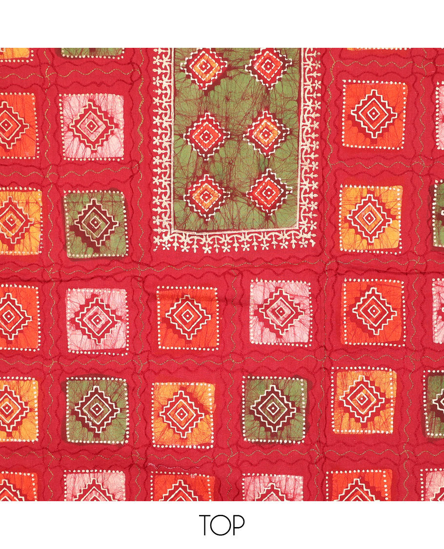 Red chudidhar material set, batik & shibori print with thread work rayon top, printed bottom, & chanderi silk dupatta